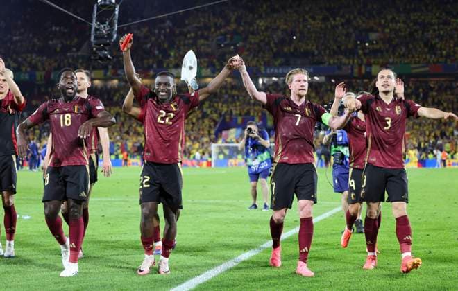 Belgium v Romania UEFA EURO, EM, Europameisterschaft,Fussball 2024 Group E The Belgium players celebrate victory at the end of the UEFA Euro 2024 Group E match at RheinEnergieStadion, Cologne Copyright: xPaulxChestertonx FIL-20284-0214 UK Newspapers OUT