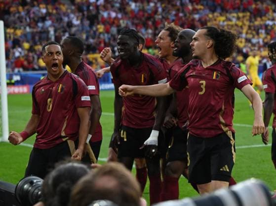 Youri Tielemans rejoices with Arthur Theate after scoring a goal in the UEFA EURO 2024 football match between Belgium and Romania at the Cologne Stadium in Cologne, Saturday, June 22, 2024 Cologne Copyright: xRazvanxPasarica SPORTxPICTURESx