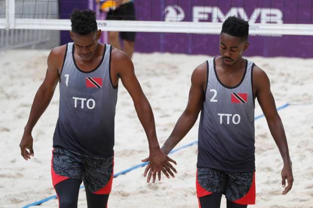 Norceca 2024 Beach volleyball, Beachvolleyball Olympic Qualification Tournament Stephen Enile 2 and Joel Theodore 1 of Team Trinidad and Tobago celebrating against Team Guatemala during the Men s match of Norceca 2024 Beach Volleyball Olympic Qualification Tournament . Guatemala defeats of Team Trinidad and Tobago 2 sets to 0. on June 22, 2024 in Tlaxcala, Mexico. (Photo by Essene Hernandez Eyepix Group) Copyright: xEssenexHernandez xEyepixxGroupx EH_22062024_124294JPEG