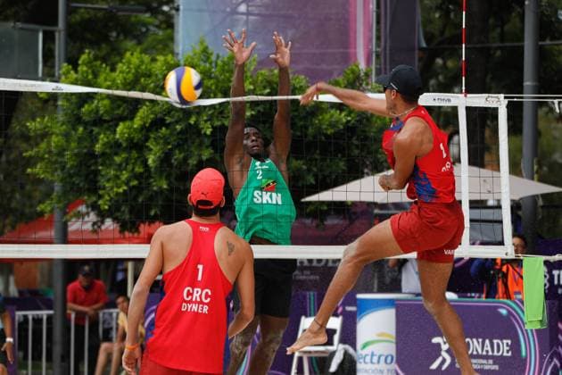 Norceca 2024 Beach volleyball, Beachvolleyball Olympic Qualification Tournament Jhostin Varela 2 of Team Costa Rica competes against St. Clair Hodge 2 of Team Saint Kitts y Nevis during the Men s match of Norceca 2024 Beach Volleyball Olympic Qualification Tournament . Costa Rica defeats Saint Kitts y Nevis 2 sets to 0. on June 22, 2024 in Tlaxcala, Mexico. (Photo by Essene Hernandez Eyepix Group) Tlaxcala Tlaxcala Mexico Copyright: xEssenexHernandezxxEyepixxGroupx