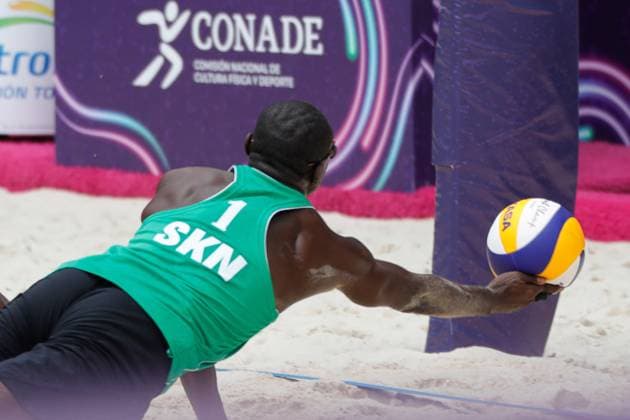 Norceca 2024 Beach volleyball, Beachvolleyball Olympic Qualification Tournament Nage Hendrickson 1 of Team Saint Kitts y Nevis competes against Team Costa Rica during the Men s match of Norceca 2024 Beach Volleyball Olympic Qualification Tournament . Costa Rica defeats Saint Kitts y Nevis 2 sets to 0. on June 22, 2024 in Tlaxcala, Mexico. (Photo by Essene Hernandez Eyepix Group) Tlaxcala Tlaxcala Mexico Copyright: xEssenexHernandezxxEyepixxGroupx