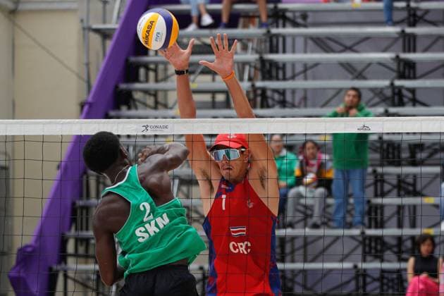 Norceca 2024 Beach volleyball, Beachvolleyball Olympic Qualification Tournament Daniel Dyner 1 of Team Costa Rica competes against St. Clair Hodge 2 of Team Saint Kitts y Nevis during the Men s match of Norceca 2024 Beach Volleyball Olympic Qualification Tournament . Costa Rica defeats Saint Kitts y Nevis 2 sets to 0. on June 22, 2024 in Tlaxcala, Mexico. (Photo by Essene Hernandez Eyepix Group) Tlaxcala Tlaxcala Mexico Copyright: xEssenexHernandezxxEyepixxGroupx
