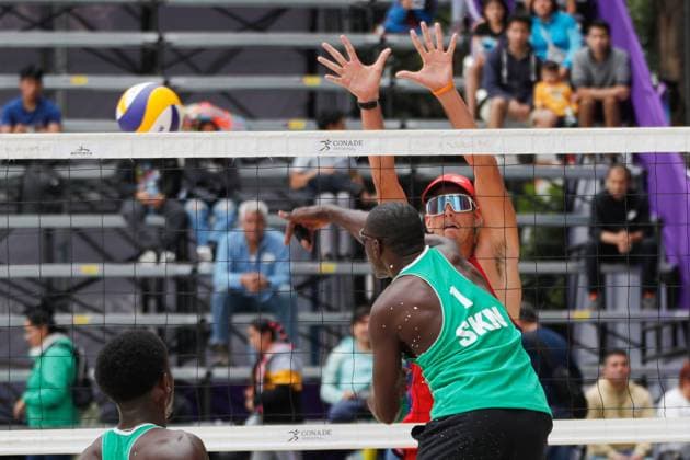 Norceca 2024 Beach volleyball, Beachvolleyball Olympic Qualification Tournament Nage Hendrickson 1 of Team Saint Kitts y Nevis competes against Team Costa Rica during the Men s match of Norceca 2024 Beach Volleyball Olympic Qualification Tournament . Costa Rica defeats Saint Kitts y Nevis 2 sets to 0. on June 22, 2024 in Tlaxcala, Mexico. (Photo by Essene Hernandez Eyepix Group) Tlaxcala Tlaxcala Mexico Copyright: xEssenexHernandezxxEyepixxGroupx