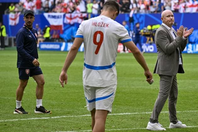 Czech head coach Ivan Hasek, right, thanks to Czech fans after the Group F match of the European Football Championship: Georgia vs Czechia, in Hamburg, Germany, on June 22, 2024. (CTKxPhoto VitxSimanek) CTKPhotoF202406230000301  CTKPhotoF202406230000301