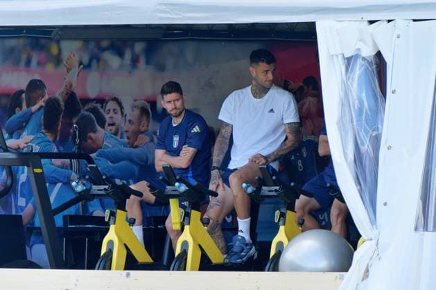 Jorginho of Italy and Gianluca Scamacca of Italy during UEFA EURO, EM, Europameisterschaft,Fussball 2024 - Italy training session, UEFA European Football Championship in Iserlohn, Germany, June 23 2024  Copyright: xx xx IPA_Agency_IPA47397870