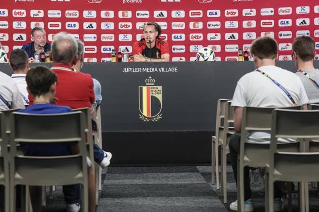 Belgium s Arthur Theate pictured during a press conference, PK, Pressekonferenz of Belgian national soccer team Red Devils, Sunday 23 June 2024 at their base camp in Freiberg am Neckar, Germany, during the UEFA EURO, EM, Europameisterschaft,Fussball 2024 European Soccer Championships. The Red Devils play in Group E at the Euro 2024 European Championships in Germany and have one last game to play. BRUNOxFAHY  x95108967x