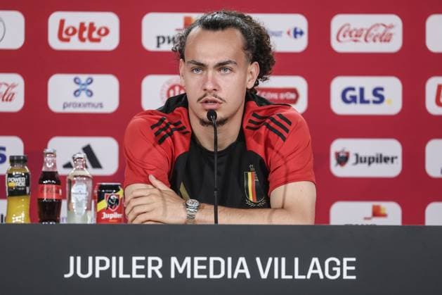 Belgium s Arthur Theate pictured during a press conference, PK, Pressekonferenz of Belgian national soccer team Red Devils, Sunday 23 June 2024 at their base camp in Freiberg am Neckar, Germany, during the UEFA EURO, EM, Europameisterschaft,Fussball 2024 European Soccer Championships. The Red Devils play in Group E at the Euro 2024 European Championships in Germany and have one last game to play. BRUNOxFAHY  x95108971x