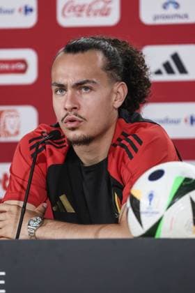 Belgium s Arthur Theate pictured during a press conference, PK, Pressekonferenz of Belgian national soccer team Red Devils, Sunday 23 June 2024 at their base camp in Freiberg am Neckar, Germany, during the UEFA EURO, EM, Europameisterschaft,Fussball 2024 European Soccer Championships. The Red Devils play in Group E at the Euro 2024 European Championships in Germany and have one last game to play. BRUNOxFAHY  x95108988x