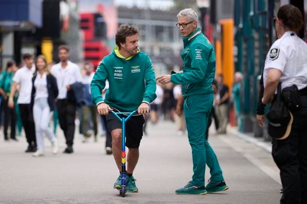 F1 Grand Prix of Spain - Race Fernando Alonso of Spain and the Aston Martin Aramco F1 Team talks with Mike Krack of Luxembourg, Team Principal of Aston Martin Aramco F1 Team in the Paddock prior to the F1 Grand Prix of Spain at Circuit de Barcelona-Catalunya on June 23, 2024, in Barcelona, Spain. Barcelona Circuit de Barcelona-Catalunya Catalunya Spain RL_GPF1ESP24_01053 Copyright: xRicardoxLarreinax