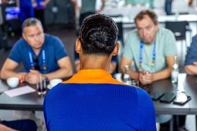 2024-06-23 Media Table Session Netherlands WOLFSBURG, GERMANY - JUNE 23: Virgil van Dijk of the Netherlands talk to the media during the media table sessions at Autostadt on June 23, 2024 in Wolfsburg, Germany. (Photo by Peter Lous BSR Agency) Wolfsburg Germany Content not available for redistribution in The Netherlands directly or indirectly through any third parties. Copyright: xBSRxAgencyx