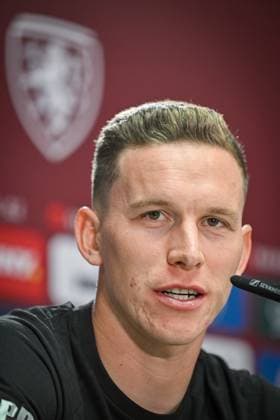 Czech midfielder Lukas Provod speaks during the press conference, PK, Pressekonferenz one day after the second match of Czech national soccer team within the European Football Championship in Group F against Georgia, in Norderstedt, Germany, on June 23, 2024. (CTKxPhoto VitxSimanek) CTKPhotoP2024062303112  CTKPhotoP2024062303112
