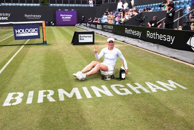23rd June 2024; Edgbaston Priory Club, Birmingham, England: Rothesay Tennis Classic Birmingham, Day 7; Yulia Putintseva (KAZ) celebrates with the trophy after winning the womens singles final against Ajla Tomljanovic (AUS)  ActionPlus12659154 ShaunxBrooks