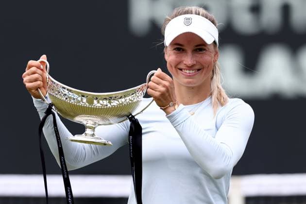 Sport Themen der Woche KW25 Sport Bilder des Tages 23rd June 2024; Edgbaston Priory Club, Birmingham, England: Rothesay Tennis Classic Birmingham, Day 7; Yulia Putintseva (KAZ) celebrates with the trophy after winning the womens singles final against Ajla Tomljanovic (AUS)  ActionPlus12659160 ShaunxBrooks