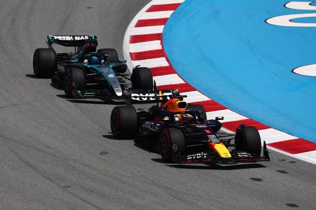 F1 Spanish Grand Prix 2024 Max Verstappen of Red Bull Racing and George Russell of Mercedes during the Formula 1 Spanish Grand Prix at Circuit de Barcelona-Catalunya in Barcelona, Spain on June 23, 2024. Barcelona Spain  Copyright: xJakubxPorzyckix originalFilename:porzycki-f1spanis240623_npsQs.jpg
