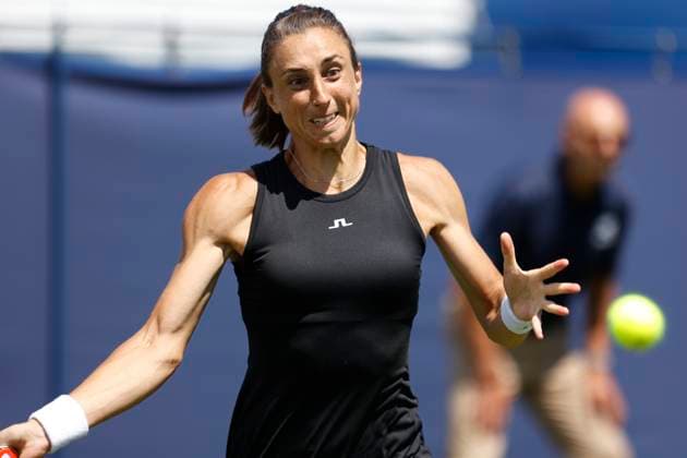 23rd June 2024; Devonshire Park, Eastbourne, East Sussex, England: Rothesay International Eastbourne, Qualifying Day 2, Petra Martic (CRO) plays a forehand against Elina Avanesyan in their Qualification Final  ActionPlus12659253 HongboxChen