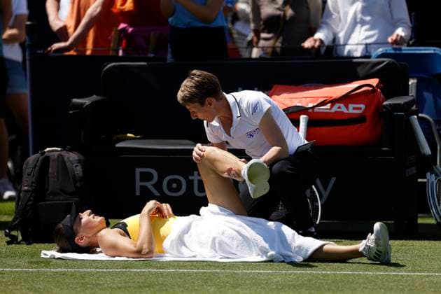 23rd June 2024; Devonshire Park, Eastbourne, East Sussex, England: Rothesay International Eastbourne, Qualifying Day 2, Elina Avanesyan receives medical time out in the match against Petra Martic (CRO)  ActionPlus12659258 HongboxChen