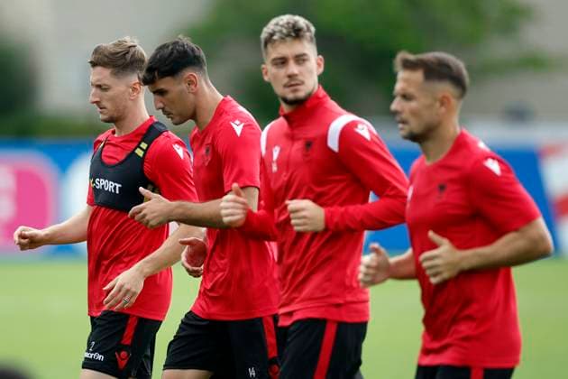 (L-R) Albania s Ivan Balliu, Qazim Laçi, Arber Hoxha and Amir Abrashi take part in a training session held in Kaiserau, Germany, 23 June 2024. Albania will face Spain in their Euro2024 soccer match on 24 June. Training session of Spain !ACHTUNG: NUR REDAKTIONELLE NUTZUNG!  Copyright: xAlbertoxEstevezx GRAF5730 20240623-55013954282_1