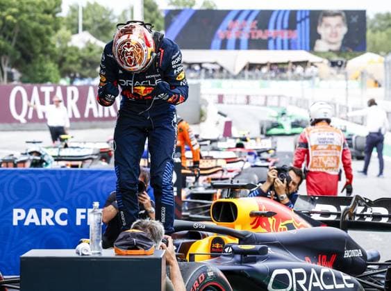 MONTMELO - Max Verstappen (Red Bull Racing) celebrates his victory during the Formula 1 Grand Prix of Spain at the Circuit de Catalunya. ANP SEM VAN DER WAL xVIxANPxSportx xxANPxIVx 501857314 originalFilename: 501857314.jpg