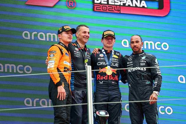 Podium: NORRIS Lando (gbr), McLaren F1 Team MCL38, VERSTAPPEN Max (ned), Red Bull Racing RB20, HAMILTON Lewis (gbr), Mercedes AMG F1 Team W15, portrait during the Formula 1 Aramco Gran Premio de Espana 2024, 10th round of the 2024 Formula One World Championship, WM, Weltmeisterschaft from June 21 to 23, 2024 on the Circuit de Barcelona-Catalunya, in Montmeló, Spain - F1 - SPANISH GRAND PRIX 2024 DPPI Panoramic 240623_R10_SPAGNA_DP_FG004008