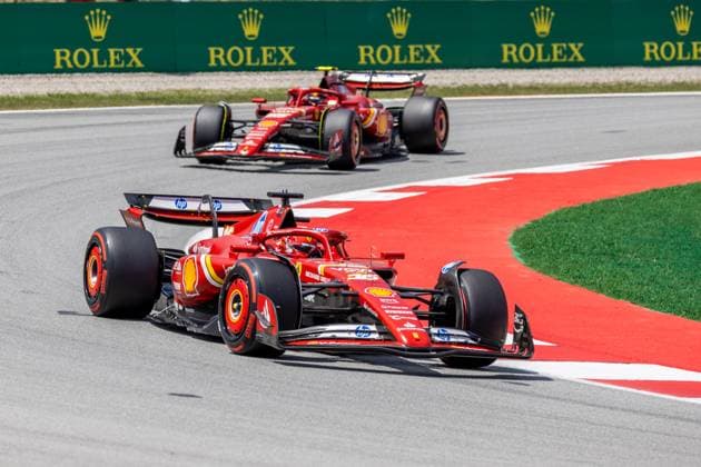 BARCELONA, SPAIN - JUNE 23: Charles Leclerc (16) of Morocco and team Scuderia Ferrari leads Carlos Sainz (55) of Spain and team Scuderia Ferrari during the Formula 1 Spanish Grand Prix on Sunday, June 23, 2024 at the Circuit De Catalunya in Barcelona, Spain. (Photo by Bob Kupbens Icon Sportswire) AUTO: JUN 23 F1 Spanish Grand Prix EDITORIAL USE ONLY Icon240623078