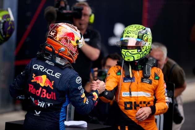 F1 Grand Prix of Spain - Race Race winner Max Verstappen of the Netherlands and Oracle Red Bull Racing salutes to second placed Lando Norris of Great Britain and McLaren in parc ferme during the F1 Grand Prix of Spain at Circuit de Barcelona-Catalunya on June 23, 2024, in Barcelona, Spain. Barcelona Circuit de Barcelona-Catalunya Catalunya Spain RL_GPF1ESP24_01190 Copyright: xRicardoxLarreinax