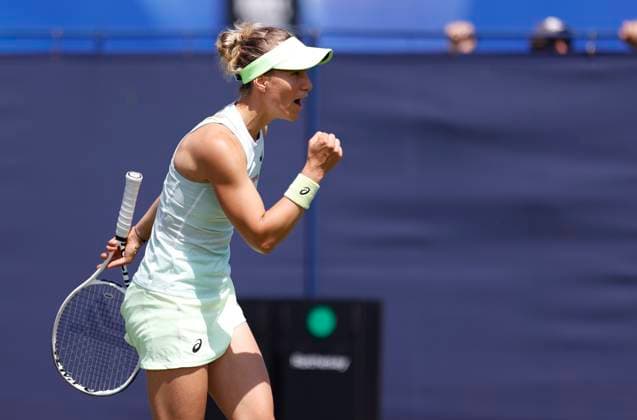 23rd June 2024; Devonshire Park, Eastbourne, East Sussex, England: Rothesay International Eastbourne, Qualifying Day 2,, Viktorija Golubic (SUI) celebrates her victory after defeating Sofia Kenin (USA) in the Qualification Final  ActionPlus12659406 HongboxChen