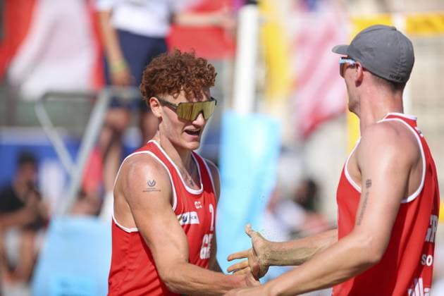 Messina: Maximilian Just (GER) and Robin Sowa (GER) celebration during World Beach Pro Tour, Beach Volley match in Messina, Italy, June 23 2024 Beach Volley match - World Beach Pro Tour  - ZUMAp169 20240623_zsa_p169_569 Copyright: xIPAx