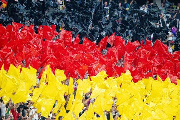 GER, EURO 2024, Group A, Schweiz (SUI) vs Deutschland (GER) 23.06.2024, Frankfurt Arena, Frankfurt, GER, EURO 2024, Group A, Schweiz (SUI) vs Deutschland (GER) Im Bild: Ein Fahnenmeer in Schwarz rot gold Deutsche Fankurve deutsche Fans