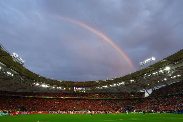 A general view of the action as a Rainbow goes over Stuttgart Arena Scotland v Hungary, UEFA European Championship, EM, Europameisterschaft 2024, Group A, Football, Stuttgart Arena, Stuttgart, Germany, 23 Jun 2024 EDITORIAL USE ONLY No use with unauthorised audio, video, data, fixture lists, club league logos or live services. Online in-match use limited to 120 images, no video emulation. No use in betting, games or single club league player publications. Copyright: xKieranxMcManus Shutterstockx 14548072ad