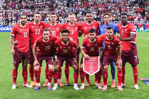 FRANKFURT AM MAIN, GERMANY - JUNE 23: Switzerland squad during the UEFA EURO, EM, Europameisterschaft,Fussball 2024 group stage match between Switzerland and Germany at Frankfurt Arena on June 23, 2024 in Frankfurt am Main, Germany. Frankfurt am Main Frankfurt Arena Hesse Germany Copyright: xJustPictures.ch ManuelxWinterbergerx jp-en-EuSpIm-JP4_MAN_Scotland_Swiss_19Jun2024_CO_00054