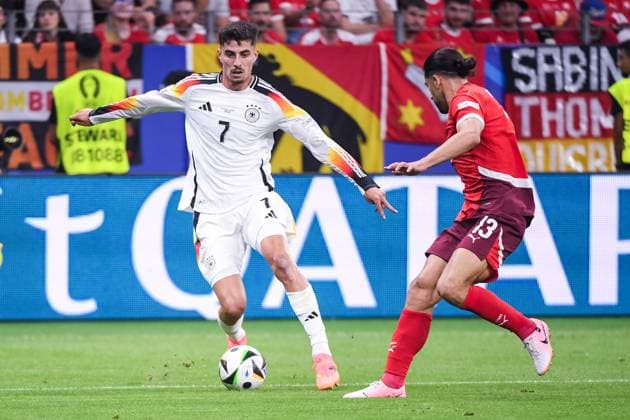 FRANKFURT AM MAIN, GERMANY - JUNE 23: Kai Havertz of Germany L) against Ricardo Rodriguez of Switzerland R) during the UEFA EURO, EM, Europameisterschaft,Fussball 2024 group stage match between Switzerland and Germany at Frankfurt Arena on June 23, 2024 in Frankfurt am Main, Germany. Frankfurt am Main Frankfurt Arena Hesse Germany Copyright: xJustPictures.ch ManuelxWinterbergerx jp-en-EuSpIm-JP4_MAN_Scotland_Swiss_19Jun2024_CO_00058