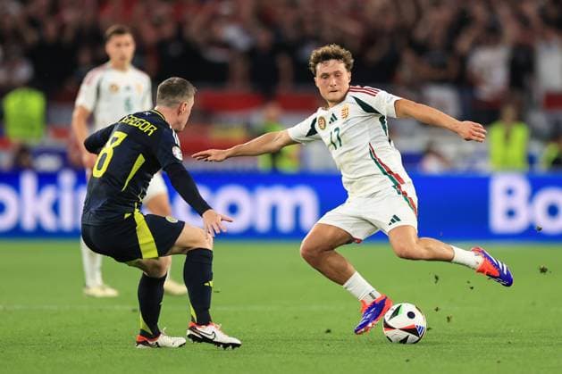 Football - UEFA EURO, EM, Europameisterschaft,Fussball 2024 - Group A - Scotland v Hungary 23rd June 2024 - UEFA EURO 2024 - Group A - Scotland v Hungary - Callum Styles of Hungary and Callum McGregor of Scotland - Photo: Simon Stacpoole Offside. Stuttgart Germany Copyright: xSimonxStacpoolexOffside