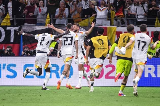 FRANKFURT AM MAIN, GERMANY - JUNE 23: Niclas Fullkrug of Germany C) celebrates his goal during the UEFA EURO, EM, Europameisterschaft,Fussball 2024 group stage match between Switzerland and Germany at Frankfurt Arena on June 23, 2024 in Frankfurt am Main, Germany. Frankfurt am Main Frankfurt Arena Hesse Germany Copyright: xJustPictures.ch ManuelxWinterbergerx jp-en-EuSpIm-JP4_MAN_Scotland_Swiss_19Jun2024_CO_00091