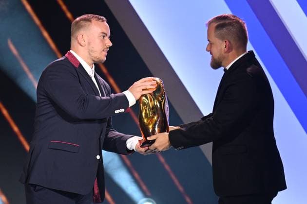 Gala evening to present Golden Stick award for the best Czech Ice hockey, Eishockey player of past season was held in Prague, Czech Republic, on June 23, 2024. On the photo are seen (L-R) best sledge hockey player Martin Kudela and handing Oliver Gschwendtner of Kaufland company. (CTKxPhoto MichaelaxRihova) CTKPhotoP2024062305919  CTKPhotoP2024062305919