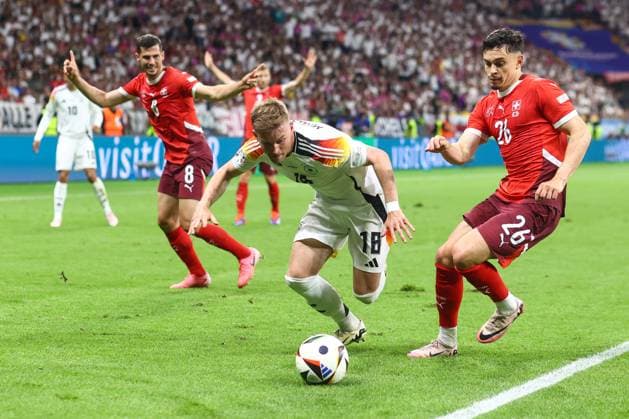 Switzerland v Germany 23 June 2024, Frankfurt - UEFA EUROs - Group A - Switzerland v Germany - Maximilian Mittelstadt of Germany and Fabian Rieder of Switzerland - Photo: Charlotte Wilson Offside. Frankfurt Germany Copyright: xCharlottexWilsonx xOffsidexOffside