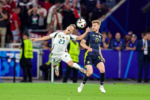 Scotland v Hungary Euro 2024 23 06 2024. Group A Kevin Csoboth of Hungary and Stuart Armstrong of Scotland clash in the air during the Euro 2024 match between Scotland and Hungary at Hampden Park, Glasgow, United Kingdom on 23 June 2024. Editorial use only , Copyright: xNigelxKeenex PSI-19823-0065