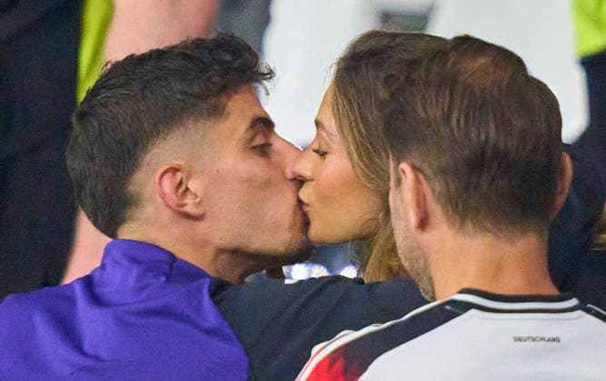 Kai Havertz, DFB 7 kisses Sophia Weber, girlfriend after the group A stage match GERMANY - SWITZERLAND of the UEFA European Championships 2024 on Jun 23, 2024 in Frankfurt, Germany.