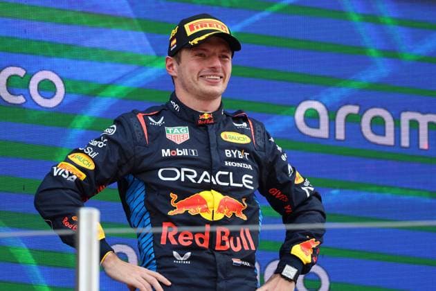 23.06.2024, xrarjax, Motorsport FIA Formel 1, Großer Preis von Spanien emspor, v.l. Rennen Max Verstappen (Oracle Red Bull Racing) Startnummer 1 auf dem Podium Jubel Freude Emotionen Barcelona