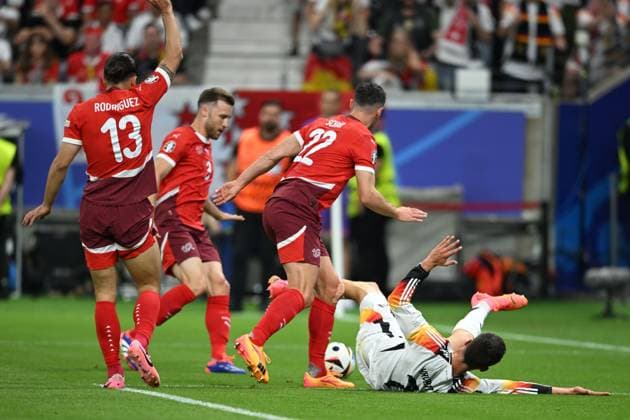 Kai Havertz (Germany)Fabian Schar (Switzerland)Ricardo Rodriguez (Switzerland)Silvan Widmer (Switzerland) during the UEFA EURO, EM, Europameisterschaft,Fussball Germany 2024 match between Switzerland 1-1 Germany at Frankfurt Arena on June 23, 2024 in Frankfurt, Germany. Noxthirdxpartyxsales  (257435796)