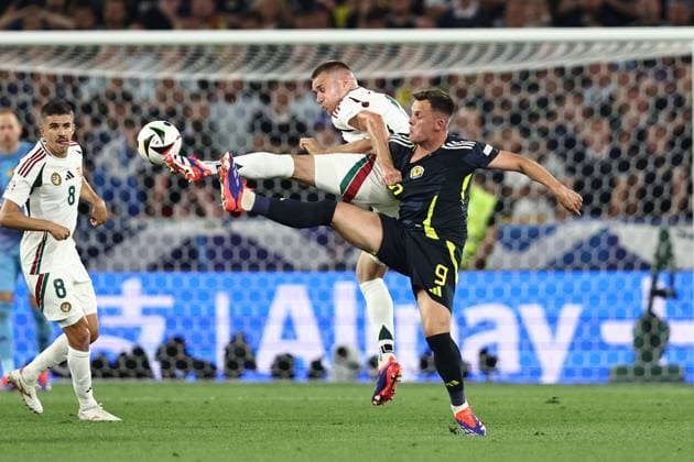 Attila Szalai (Hungary)Lawrence Shankland (Scotland) during the UEFA EURO, EM, Europameisterschaft,Fussball Germany 2024 match between Scotland 0-1 Hungary at Stuttgart Arena on June 23, 2024 in Stuttgart, Germany. Noxthirdxpartyxsales  (257444993)