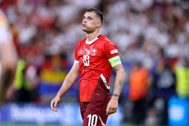 XHAKA Granit Kapitaen Team Schweiz UEFA Fussball EURO 2024 in Deutschland Vorrundenspiel Gruppe A Schweiz - Deutschland 1 : 1 am 23.06.2024 in Frankfurt DFL REGULATIONS PROHIBIT ANY USE OF PHOTOGRAPHS as IMAGE SEQUENCES and or QUASI-VIDEO Copyright: xLacixPerenyix