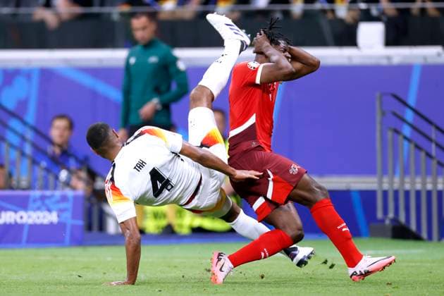 TAH Jonathan Team Deutschland mit EMBOLO Breel UEFA Fussball EURO 2024 in Deutschland Vorrundenspiel Gruppe A Schweiz - Deutschland 1 : 1 am 23.06.2024 in Frankfurt DFL REGULATIONS PROHIBIT ANY USE OF PHOTOGRAPHS as IMAGE SEQUENCES and or QUASI-VIDEO Copyright: xLacixPerenyix