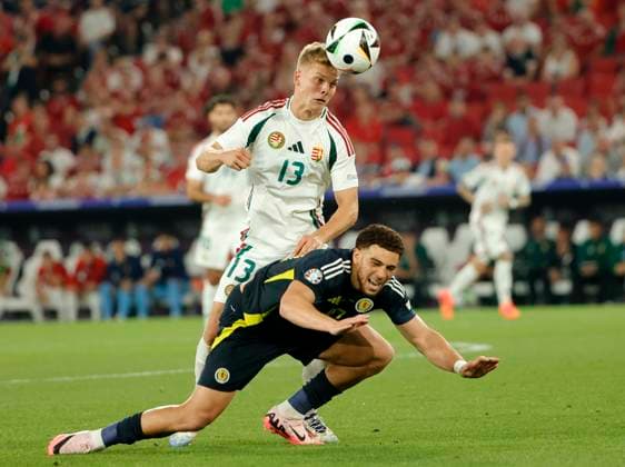 (240624) -- STUTTGART, June 24, 2024 -- Andras Schafer (Top) of Hungary vies with Che Adams of Scotland during the UEFA EURO, EM, Europameisterschaft,Fussball 2024 Group A match between Scotland and Hungary in Stuttgart, Germany, June 23, 2024. (Photo by Xinhua) (SP)GERMANY-STUTTGART-FOOTBALL-EURO 2024-SCOTLAND VS HUNGARY PhilippexRuiz 
