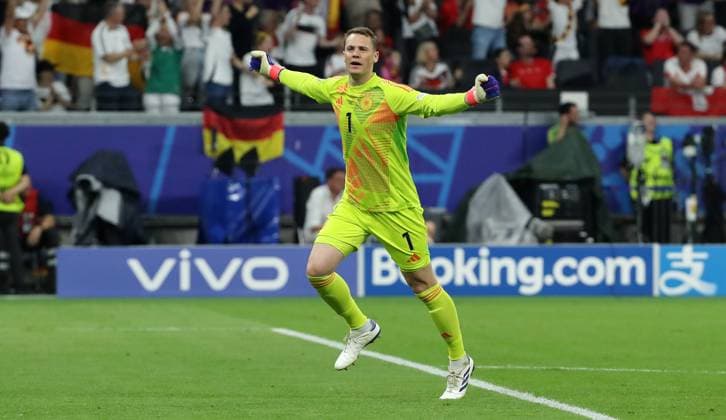 Torwart Manuel Neuer jubelt Freude Emotion Jubel Fußball Fussball Europameisterschaft Euro 2024 EM Herren Saison 2023 2024 23.06.2024 Schweiz SUI vs. Deutschland GER in Frankfurt a. M. DFL regulations prohibit any use of photographs as image sequences and or quasi-video.
