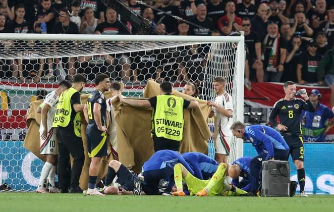 Football - 2024 UEFA European Championship, EM, Europameisterschaft Finals - Group A - Scotland vs Hungary - Stuttgart Arena - Sunday 23rd June 2024 Barnabas Varga of Hungary is stretchered off with an injury 