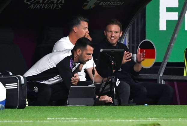 v.re., Bundestrainer Julian Nagelsmann (Deutschland), Sandro Wagner (Assistenztrainer Deutschland), Mads Buttgereit (DFB Standardcoach) 23.06.2024, Fussball Europameisterschaft 2024, Vorrunde, 3. Spieltag Schweiz - Deutschland 1:1 Frankfurt Frankfurt Arena Hessen Deutschland