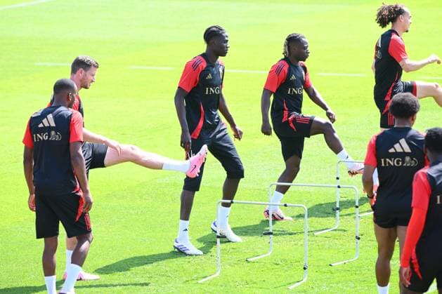 EURO 2024, Nationalteam Belgien, Training Belgium Media Activities - UEFA EURO, EM, Europameisterschaft,Fussball 2024 24 06 2024 FREIBERG AM NECKA, GERMANY - JUNE 24 : Onana Amadou midfielder of Belgium, Doku Jeremy forward of Belgium during a training session of the Belgian Red Devils at the UEFA EURO 2024 European Football Championship tournament on June 24, 2024 in Freiberg am Necka, Germany, 24 06 2024 Freiberg am Necka Germany Copyright: xVincentxKalutx