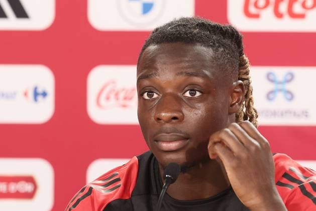 Belgium s Jeremy Doku pictured during a press conference, PK, Pressekonferenz of Belgian national soccer team Red Devils, Monday 24 June 2024 at their base camp in Freiberg am Neckar, Germany, during the UEFA EURO, EM, Europameisterschaft,Fussball 2024 European Soccer Championships. The Red Devils play in Group E at the Euro 2024 European Championships in Germany and have one last game to play. BRUNOxFAHY  x95171633x