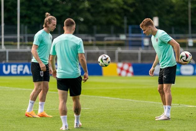 EURO 2024, Nationalteam Österreich, Training SOCCER - UEFA EURO, EM, Europameisterschaft,Fussball 2024 BERLIN,GERMANY,24.JUN.24 - UEFA EURO 2024, group stage, Austria vs Netherlands, preview, training Team AUT. Image shows Patrick Wimmer, Romano Schmid and Philipp Lienhart (AUT). GEPAxpictures xJohannesxFriedl