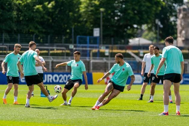 EURO 2024, Nationalteam Österreich, Training SOCCER - UEFA EURO, EM, Europameisterschaft,Fussball 2024 BERLIN,GERMANY,24.JUN.24 - UEFA EURO 2024, group stage, Austria vs Netherlands, preview, training Team AUT. Image shows Florian Kainz, Christoph Baumgartner, Marko Arnautovic and Florian Grillitsch (AUT). GEPAxpictures xJohannesxFriedl